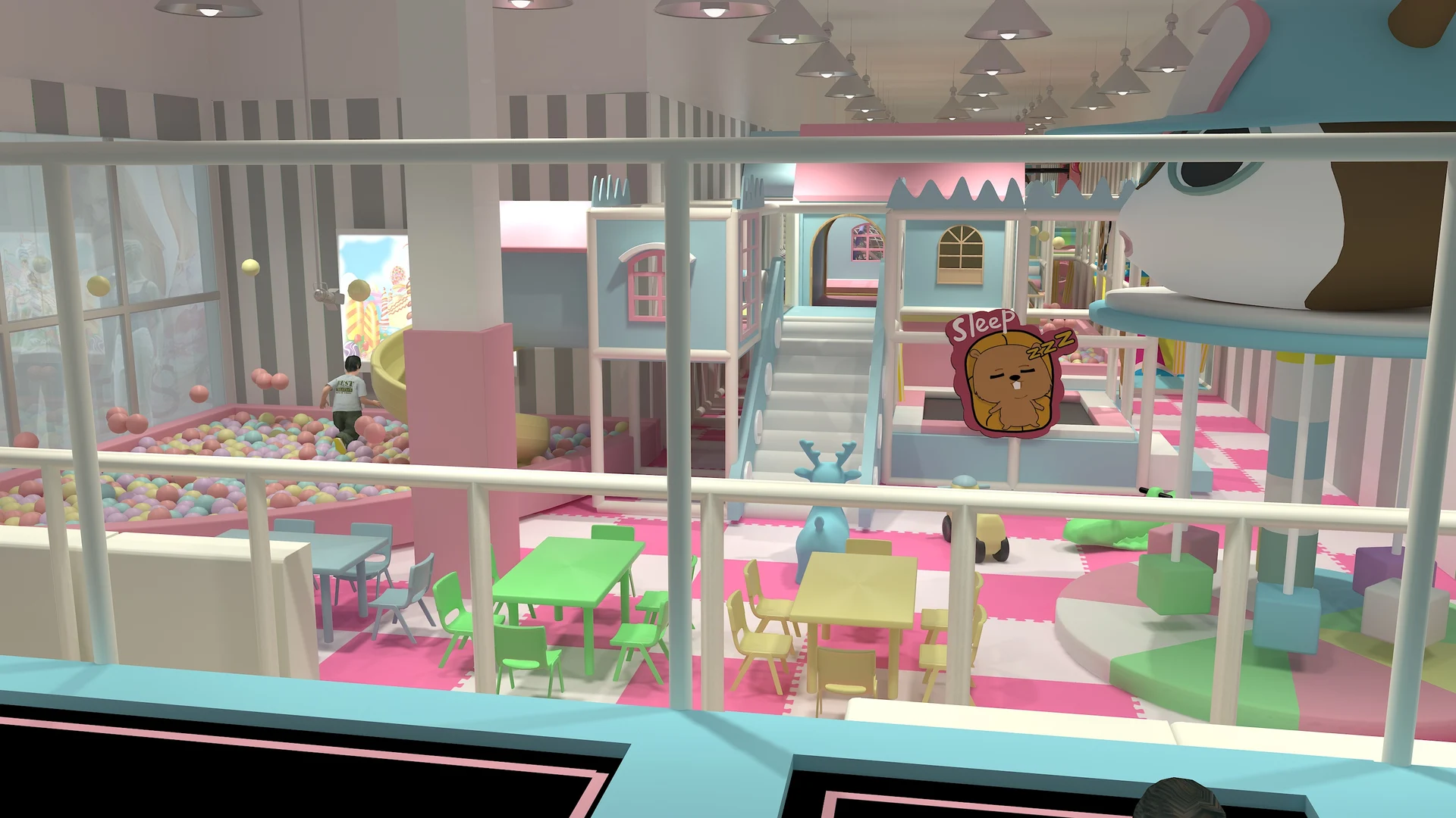 Pastel indoor playground design with multi-level padded play routes