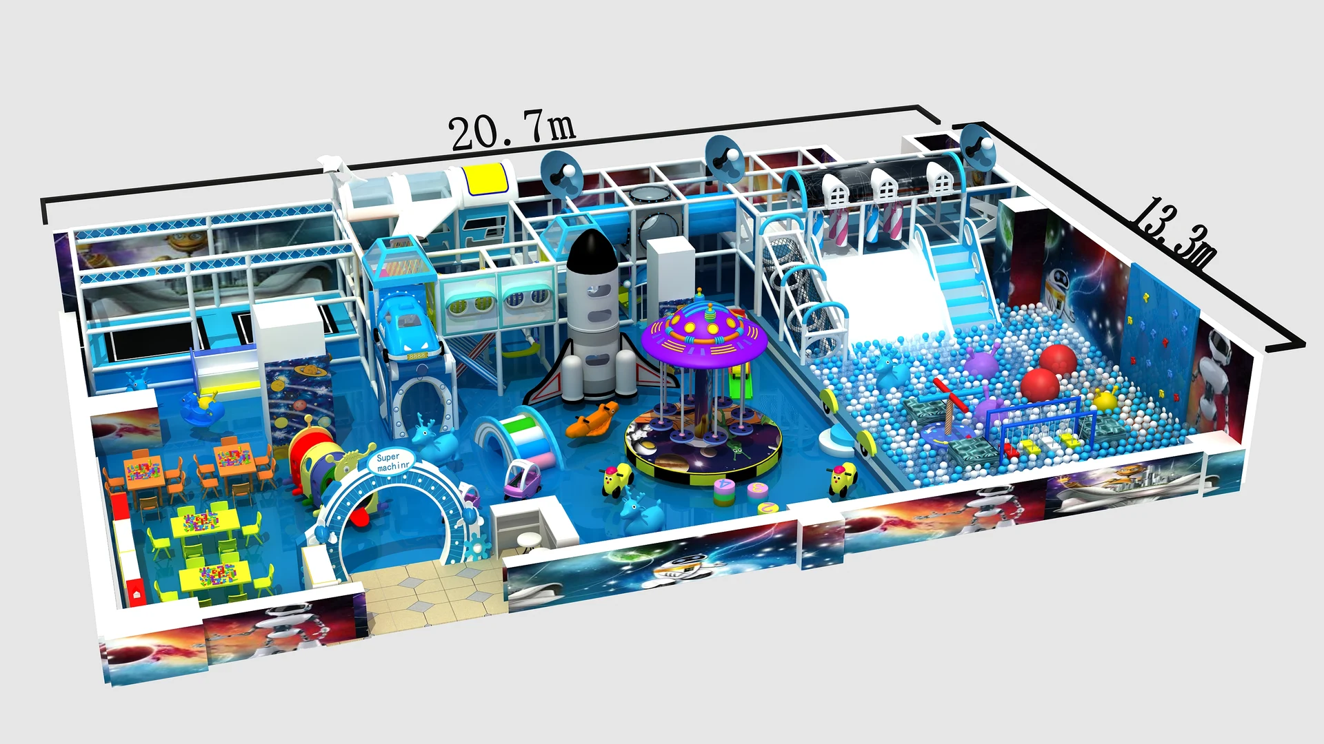 Space-themed indoor playground design reference with slides, play towers and ball pools