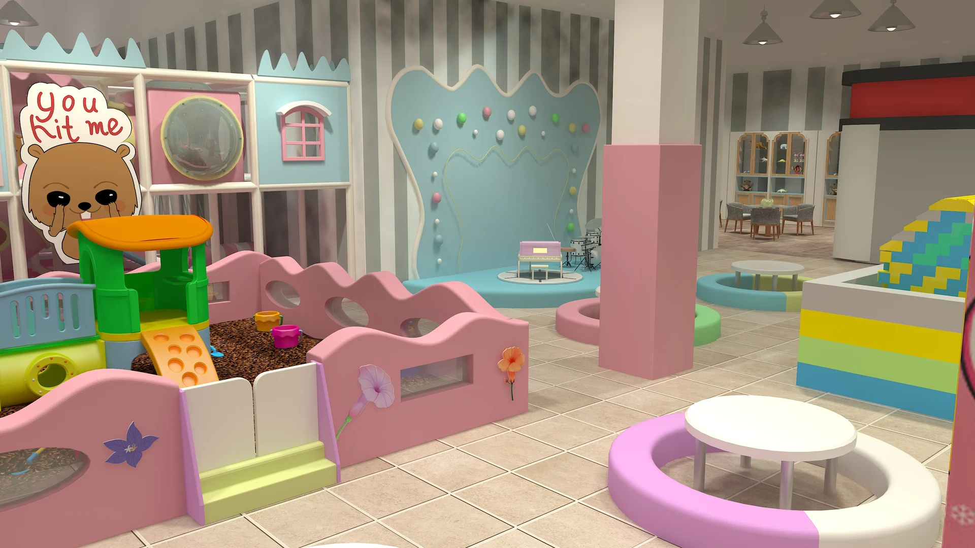Toddler playroom concept with padded furniture and low play elements