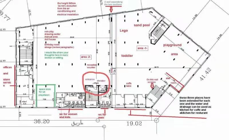 Client-provided venue plan with building dimensions and site annotations
